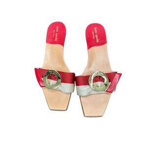 Kate‎ Spade Sandals Red Cream Nautical Slip On Kitten Heel Sandals Size 6